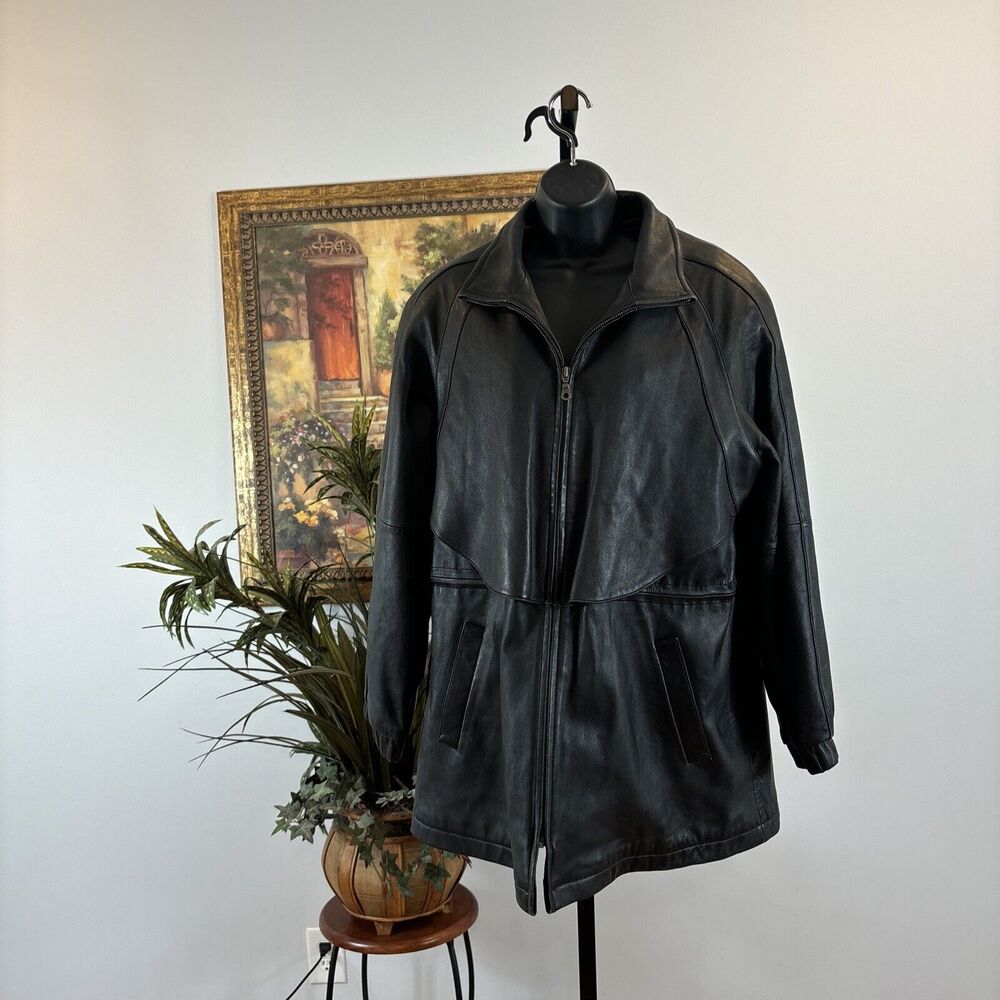 Bernardo Women Leather Bomber Jacket Raised Band Collar L Full Zip Welt Pockets